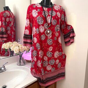 Women Paisley Dress, sz L, red, pencil dress, stretch, 3/4 sleeve, fall dress